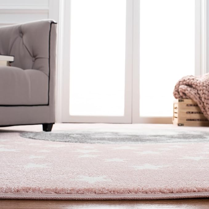 SAFAVIEH Carousel Kids Collection Area Rug - 5'3" Square, Pink & Grey, Non-Shedding & Easy Care, Ideal for High Traffic Areas for Boys & Girls in Playroom, Nursery, Bedroom (CRK135U)