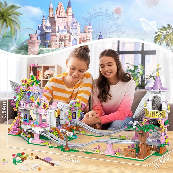 Friend Roller Coaster Building Set - Compatible with Legos for Girls Age 8-12, 991 PCS Amusement Park Building Block Kit Playground Park Pink Construction Birthday Gift