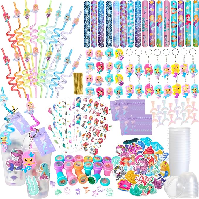 Qilery 195 Pcs Mermaid Party Unicorn Party Dinosaur Party Shark Party Favors Includes Plastic Cup with Lid Straw Keychain Bracelet Ring Stamper Stickers Tag For Party Favors Piñata Filling (Mermaid)