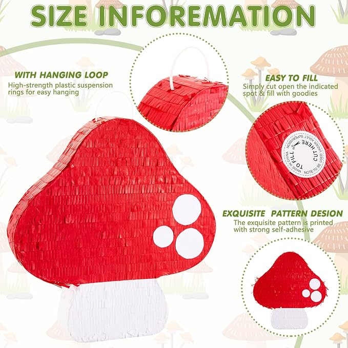 Lewtemi Mushroom Piñata 3D Mushroom Shaped Piñata Mushroom Party Favor with Blindfold Bat Confetti for Forest Jungle Fairy Theme Woodland Birthday Party Baby Shower Garden Decor, 14.9 x 14.1 x 2.95"