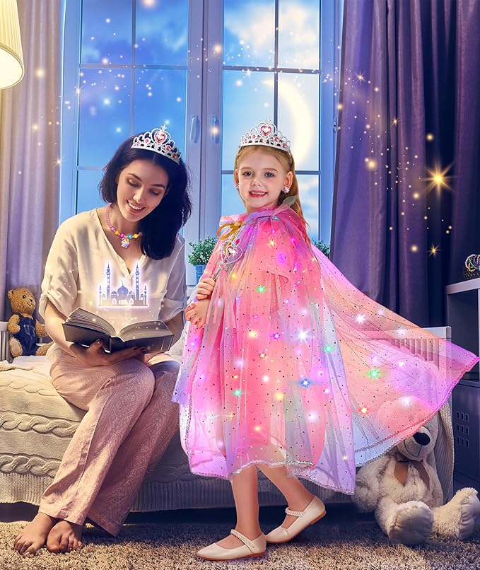 Princess Dress Up for Girls, Light up Princess Cape Princess Dress Costume Crown Wand Gifts for Toddler Girls 3 4 5 6