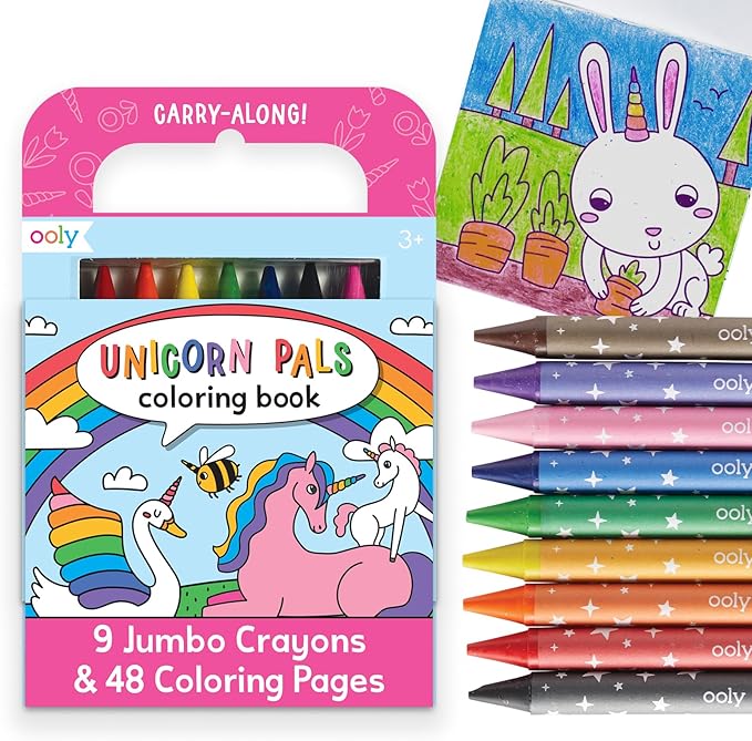 Ooly Travel Art Kit with 9 Jumbo Crayons & 48 Themed Coloring Pages & Case for Easy Traveling Art Creation, Perfect Airplane Travel Set to Entertain Kids - Unicorn Pals
