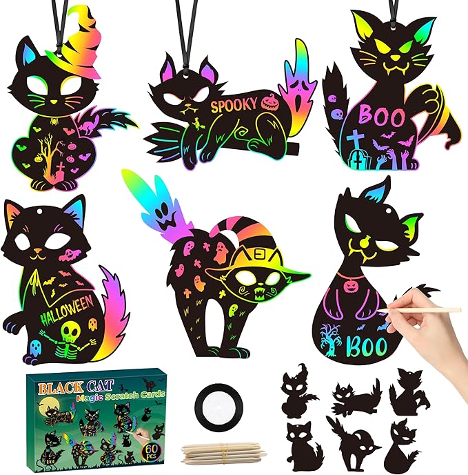 CY2CSIDE Halloween Black Cat Scratch Cards - 60PCS Halloween Spooky Ornament Scratch Card Gift Set for Kids DIY Black Cat Skull Magic Arty Rainbow Color Bookmark Craft Kit for Kids School Activity