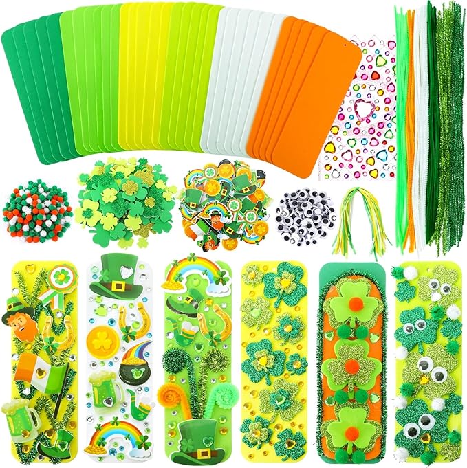 JULBEAR 36 Sets St. Patrick's Day Crafts Kits, Shamrock Bookmark Craft Kits DIY Blank Foam Bookmarks Decorations Leaf Foam Stickers Arts for Kids Classroom Activity St Patrick's Day Party Favors