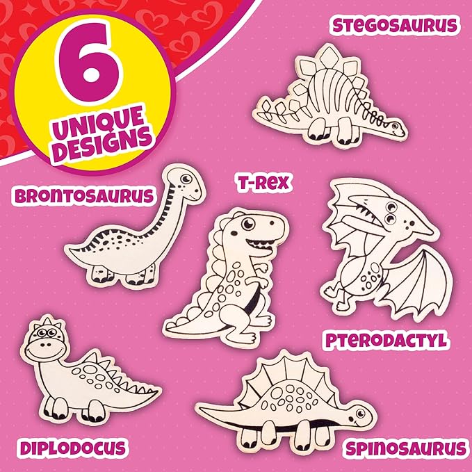 Set of 24 Valentines Cards for Kids Classroom - Valentine's Day Dinosaur Wood Painting Kits for Kids School - Each Valentines Gift Includes Complete Craft Kit & Card for Boys Girls Classroom Exchange