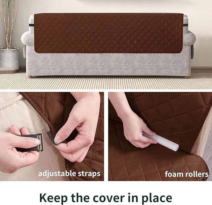 CHUN YI Couch Cover, Water Resistant Slipcover for 3 Cushion Sofa, Reversible Washable Sofa Cover with Adjustable Strap Storage Pocket for Living Room Dog Pet (Sofa, Chocolate)