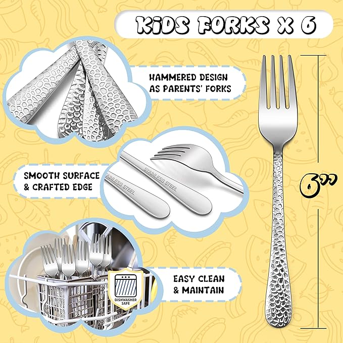 E-far Stainless Steel Kids Forks, 6-Piece Toddlers Forks Safe for Preschooler/Children, Hammered Adult look & Small Size, Rust Free & Dishwasher Safe