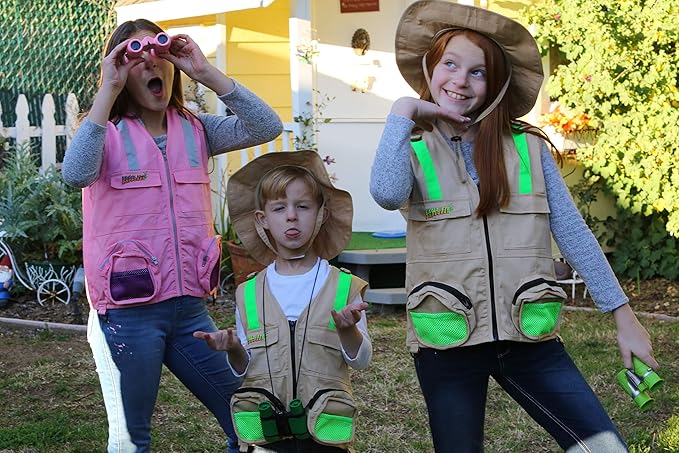 Multi-Piece Set Cargo Vest with Reflective Safety Straps, 1 8x21 Magnification Binoculars and Safari Hat for Boys and Girls (Small/Medium, Tan and Green)