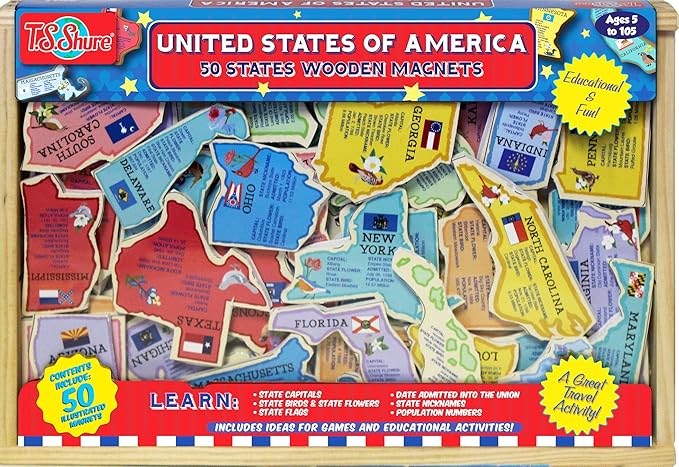 Bendon TS Shure United States USA Map 50-Piece Educational Wooden Learning Magnets 50476
