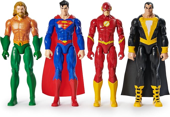 DC Comics, Action Figure 4-Pack, Aquaman, Superman, The Flash, Black Adam, 12-inch, Collectible Superhero Kids Toys for Boys and Girls, Ages 3+