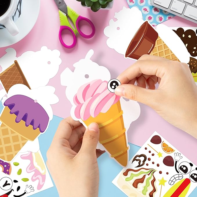 BeYumi Ice Cream Craft Kit - 123Pcs Summer Make Your Own Ice Cream Stickers Craft for Kids Summer DIY Waffle Cone Art Sticker Set School Classroom Home Game Fun Activities Art Supplies Decor