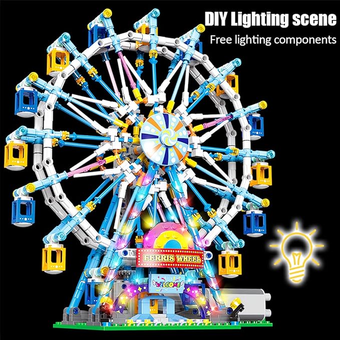 Rotating Ferris Wheel Building Blocks Kit,with Lights Amusement Park Building Construction Toys Set for 6+ Year Boys.Girls.Adult(870 Pieces)