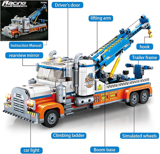 Tow Truck Building Block Set,Road Rescue Vehicle with Crane Toy Model Building Kit,City Crane Construction Vehicles Building KIt,Gifts for Kids Ages 6+