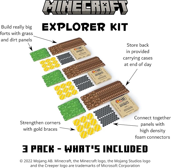 Minecraft Explorer Kit - Build Minecraft in The Real World - Endless Play for Ages 8 and Up - Build Forts, Mazes, Tunnels, and More - Durable, Reusable, and Made in USA (3 Pack)