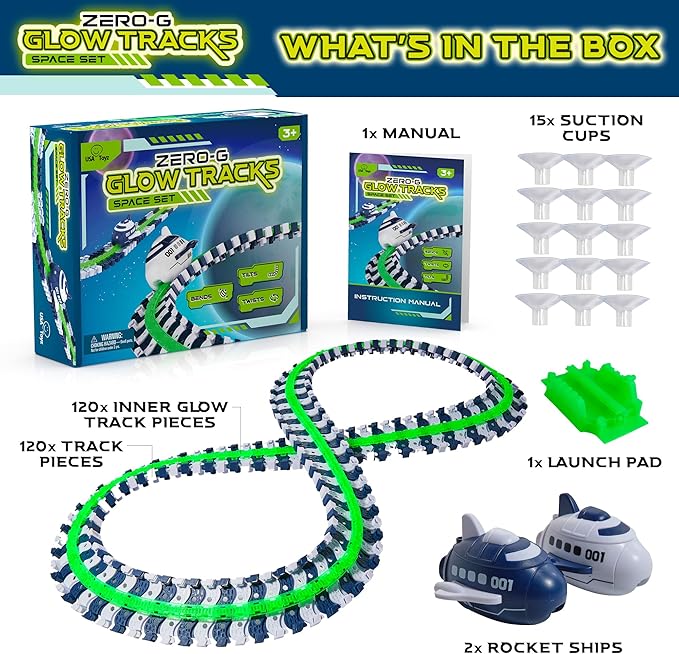 USA Toyz Zero G Space Glow Race Track for Kids- 258pc Glow in The Dark Flexible Race Track Set with Suction Cups, 2 Rocketship Cars, Take Apart STEM Building Toy Car Tracks for Boys and Girls Age 3+