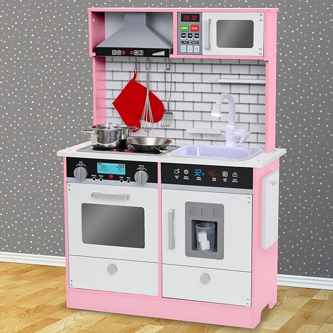 Lil' Jumbl Kids Pink Small Kitchen Set, Pretend Wooden Play Kitchen, Includes Range Hood, Microwave, Stove Top, Oven That Make Realistic Sound & Light, Pots, Pan, Cutting Board & Utensils Included