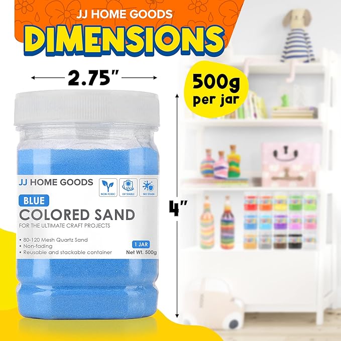 JJ CARE Colored Sand, 11 lbs. [10 Bottles] Craft Sand Art Kit for Kids 3 Years Above, Non-Toxic Color Sand Art Bulk, UV Stable Colorful Sand for Crafts, Wedding & Decorations, Kids Art Sand