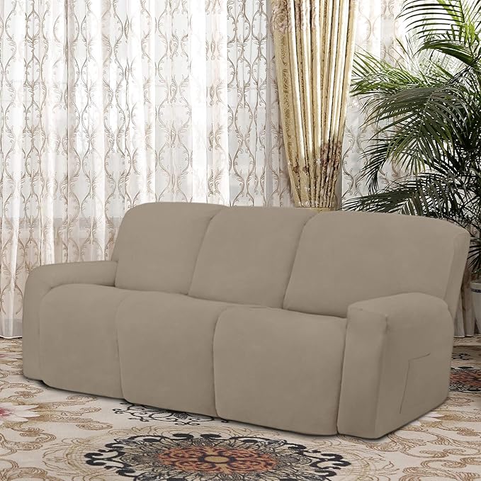 Easy-Going 8 Pieces Microfiber Stretch Sectional Recliner Sofa Slipcover Soft Fitted Fleece 3 Seats Couch Cover Washable Furniture Protector with Elasticity for Kids Pet(Recliner Sofa, Natural)
