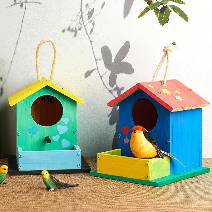 Liliful 4 Pack Wooden Birdhouse Kit DIY Bird House with Paint and Paintbrushes Art and Crafts Painting Kits for Boys Girls Adults Build Paint Classroom Birthday Indoor Outdoor Craft