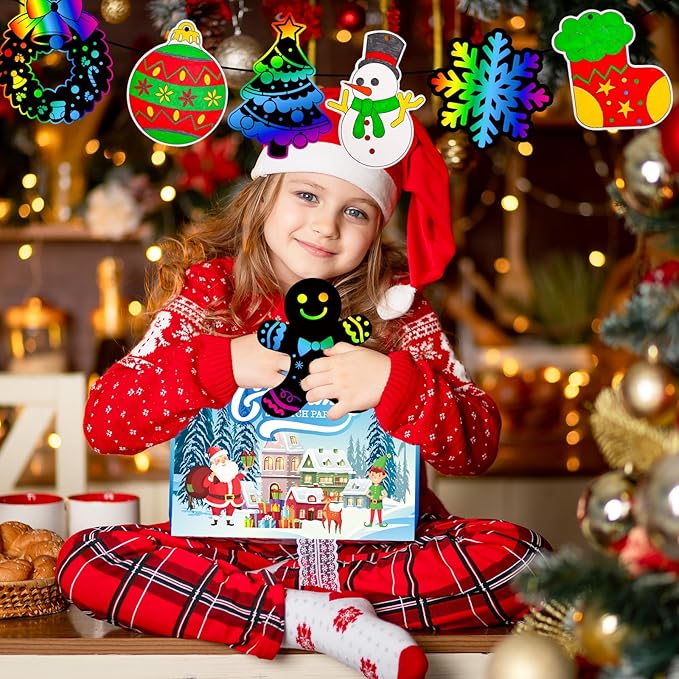 Garma 36Pcs Christmas Crafts Scratch Art for Kids, Rainbow Scratch Paper Christmas Ornaments Crafts Christmas Party Favors Toys Xmas Tree Ornaments Hanging Craft Art Kits