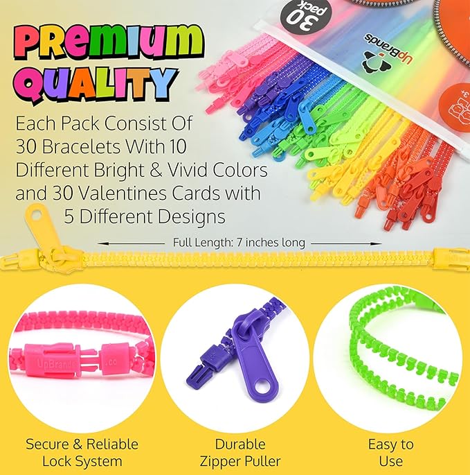 UpBrands 30 Valentine's Day Cards for Kids School & Fidget Zipper Bracelets Party Favors Toys, Bulk Valentine's Day Gifts for Kids, Classroom Exchange Gifts & Student Incentives