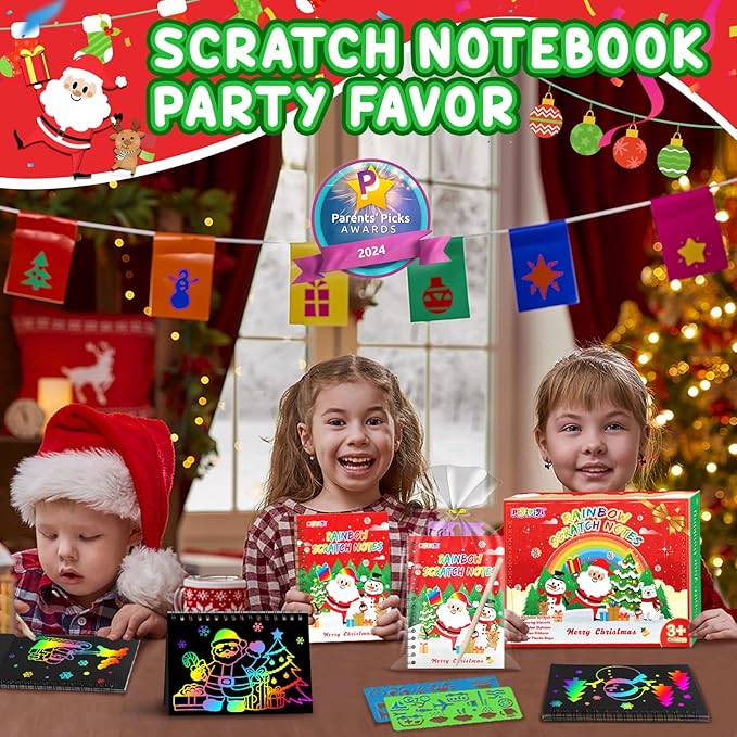 pigipigi Christmas Party Favor for Kids: 24 Pack Rainbow Art Scratch Notebook, Colorful Craft Scribble Paper Magic Black Drawing Pad kit, Activity Toy Gift Set for Girl Boy Children Birthday Christmas