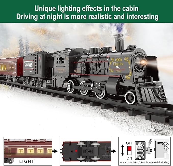 Electric Train Sets for Boys Girls Metal Alloy Christmas Trains Toys Steam Locomotive, Passenger Carriages, Tracks, Light & Sounds Rechargeable Birthday Gifts for Kids 3 4 5 6 7 8 + Years Old Green …