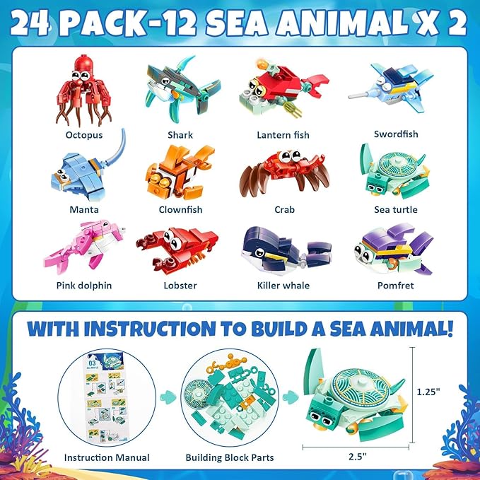 Valentines Day Gifts for Kids, 24 Pack Sea Animal Building Block Set with Valentines Day Cards for Kids Classroom School, Kids Party Favors Goodie Bags Classmate Exchange Gift Classroom Prizes