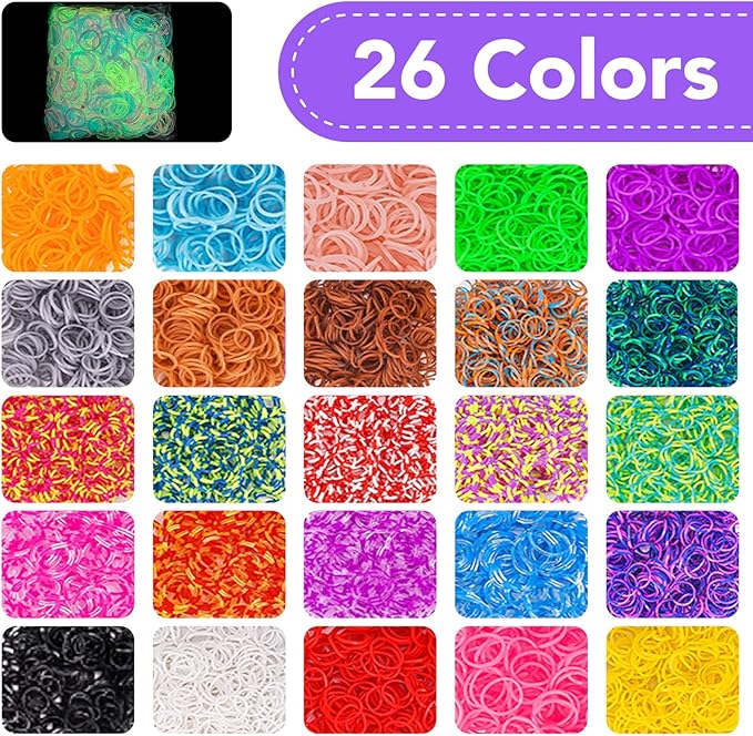 Needbrock 18500+ Bracelet Making Kit Rubber Band, 26 Colors Rubber Band Bracelet Kit Includes 800 Pcs Glow-in-The-Dark Rubber Bands, Bracelet Making Kit Valenines Gifts for Kids Age 8 Above(Purple)