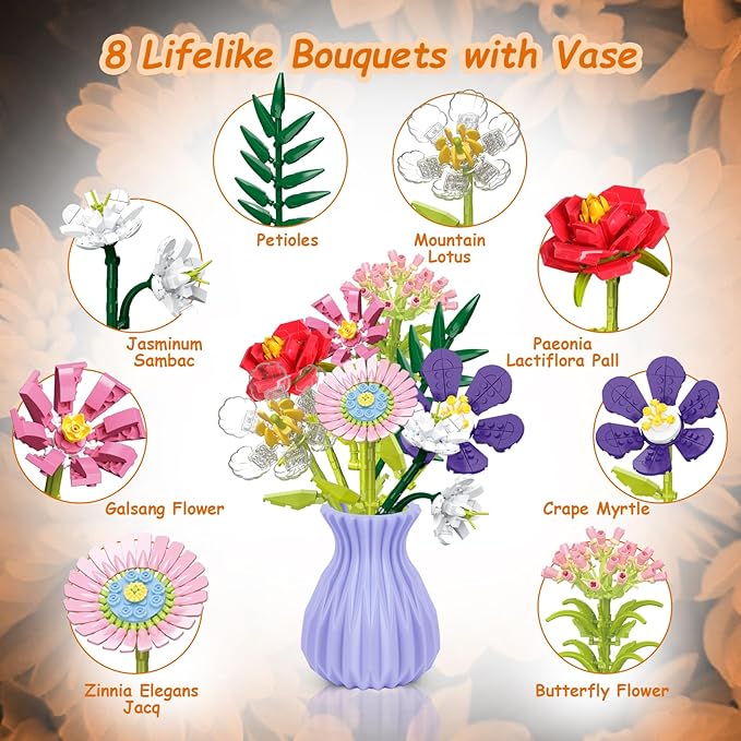 Flowers Bouquet Building Set with Vase, 8 Artificial Flowers Bouquet Set for Adults, Kids, Boys, Girls, Idea Gifts for Mother's Day, Birthdays, Creative DIY Plant Bouquet Decoration Botanical, 730PCS