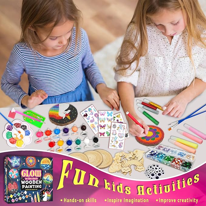 klmars Kids Wooden Painting Kit-Glow in The Dark-Arts & Crafts Gifts for Boys Girls Ages 6-12-Wood Slice Craft Activities Kits - Creative Art Toys for Birthday Party Favors Prizes(20Pcs)