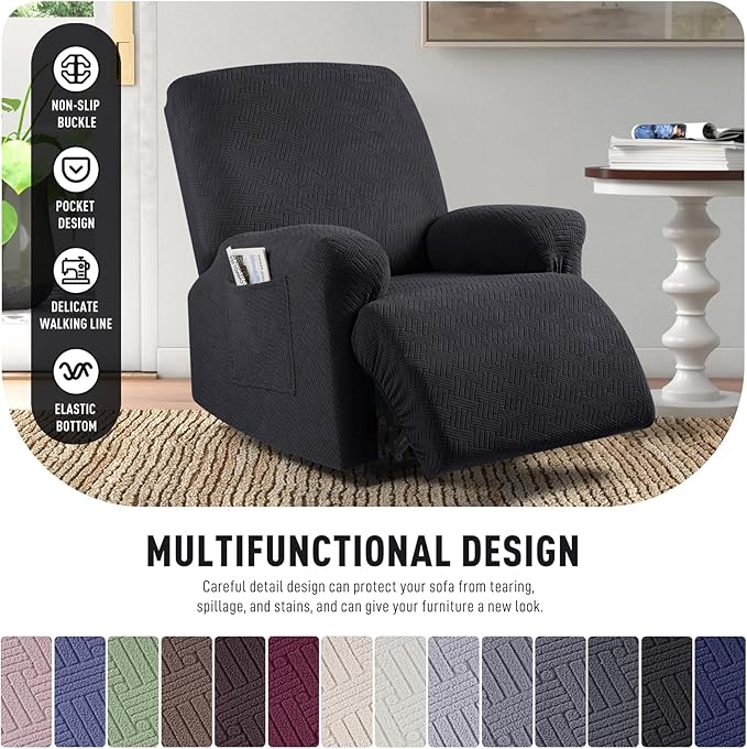 KinCam Recliner Covers, Stretch Reclining Chair Covers, Recliner Sofa Slipcovers Stripe Jacquard Recliner Couch Covers Furniture Protector Covers for Pet Kid (1 XL Seater, Black)