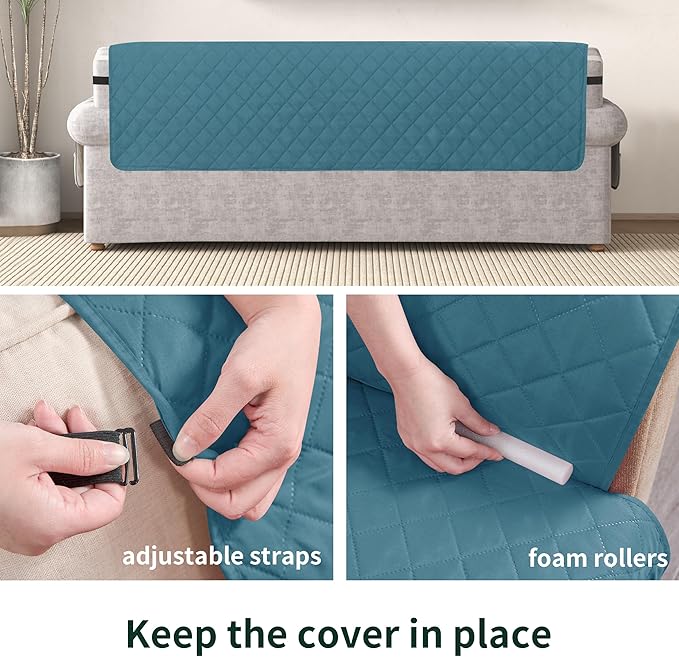CHUN YI Oversized Couch Cover, Water Resistant Sofa Cover Slipcover for 4 Cushion Sofa, Washable with Adjustable Strap Storage Pocket for Living Room Dog Pet (Oversized Sofa, Blue)