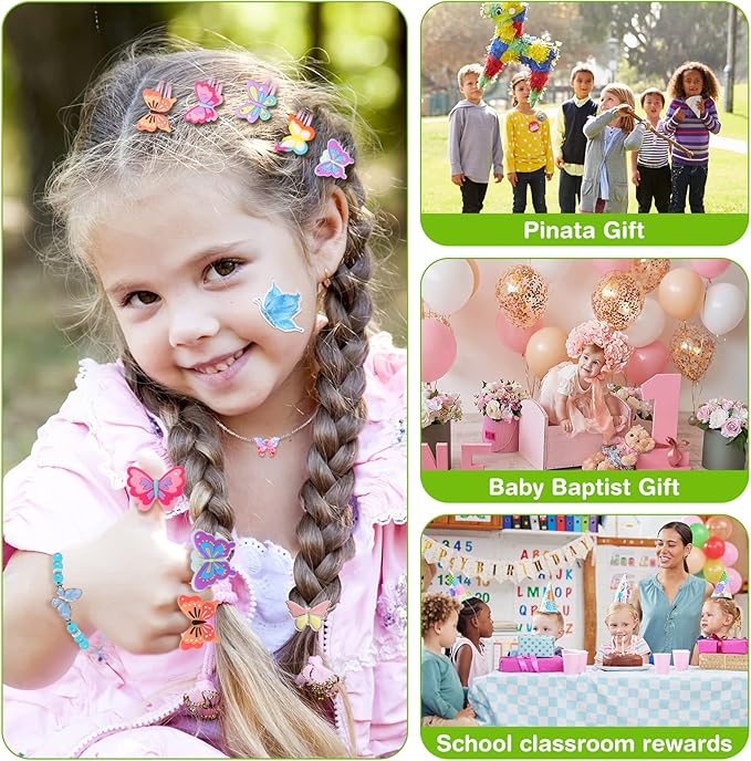 Ecally 171 Pcs Butterfly Party Favors for Girls Butterfly Keychain Hairpins Stickers Bracelet Ring Necklace Tattoo Straws Plastic Cups with Dome Lids Tag for Kids Butterfly Birthday Party Supplies