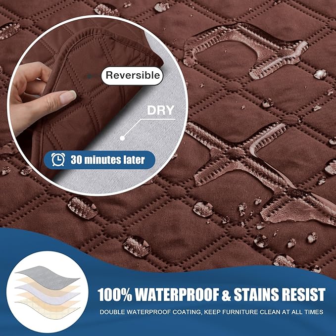 TAOCOCO 100% Waterproof Recliner Covers, Recliner Sofa Covers with Leg Straps, Reversible Recliner Couch Cover for Reclining Chair, Washable Couch Protector for Pets Kids(3 Seater, Coffee)