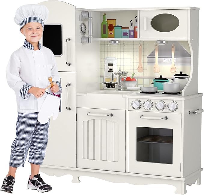 Play Kitchen - Wooden Kitchen Playset for Toddlers & Kids - Large Pretend Kitchenette for Boys & Girls - Step by Step Assembly Video Included- with 9 Kitchen Toy Accessories - Ages 3+