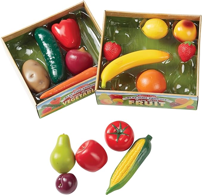 Melissa & Doug Play-Time Produce Fruit (9 pcs) and Vegetables (7 pcs) Realistic Play Food,Orange