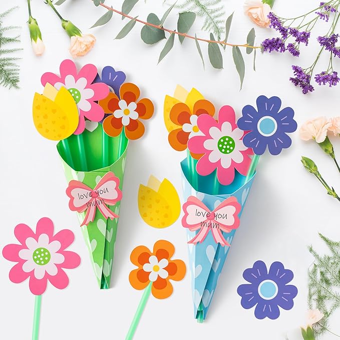 BeYumi Flower Bouquet Craft Kit - 24Pcs Teacher Appreciation Week Flower Bouquet Craft in Two Colors for Kids Make Your Own Flower Bouquet Mother's Day DIY Gift School Classroom Home Fun Activities