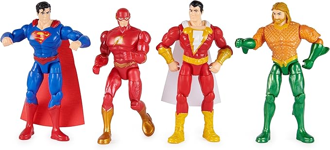 DC Comics, Action Figures 4-Pack, Superman, The Flash, Shazam!, Aquaman 4-inch Figures, Accessories, Superhero Kids Toys for Boys and Girls, Ages 3+