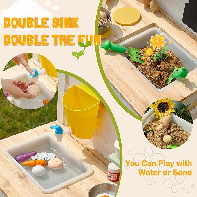Giant bean Mud Kitchen for Kids Outdoor, Deluxe Wooden Toy Play Kitchen Set, with Sand and Water Sink, Blackboard and Kitchen Accessories for Boys and Girls Ages 3-8 Indoor & Outdoor Activities