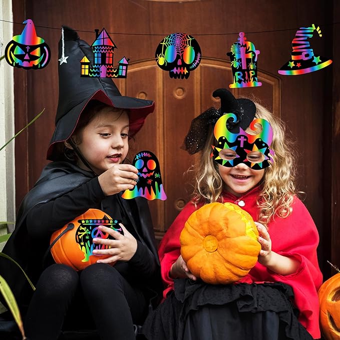 Leesgel Halloween Scratch Crafts for Kids, 16Pcs Halloween DIY Cosplay Scratch Mask and 30Pcs Magic Scratch Off Paper, Halloween Party Games Favors Classroom Activity Art Kit