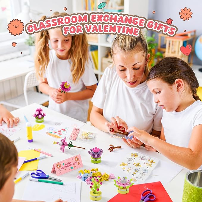Valentines Day Gifts for Kids, Valentines Day Cards for Kids School with Flower and Succulents Building Blocks, Ideal for Kids Classroom Gift Exchange Building Set, Valentine Party Favor, 24 Packs