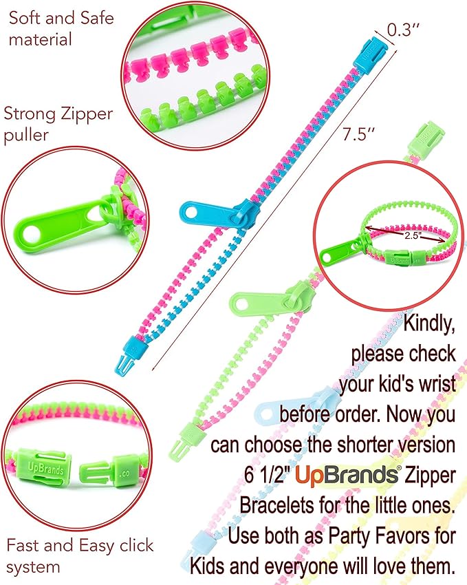 UpBrands 120 Students Incentives Friendship Zipper Bracelets 7.5”, Easter Favors for Kids, Stress Relief Quiet Fidget Toys, Kit for Kids Valentine Gifts, Goodie Bags, Easter Egg Fillers, School Prizes