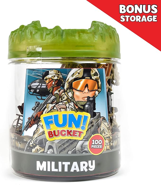 Sunny Days Entertainment Military Battle Group Bucket Over 100 Assorted Soldiers and 20 Accessories Toy Play Set for Kids, Boys and Girls | Plastic Army Men Figures with Storage Container