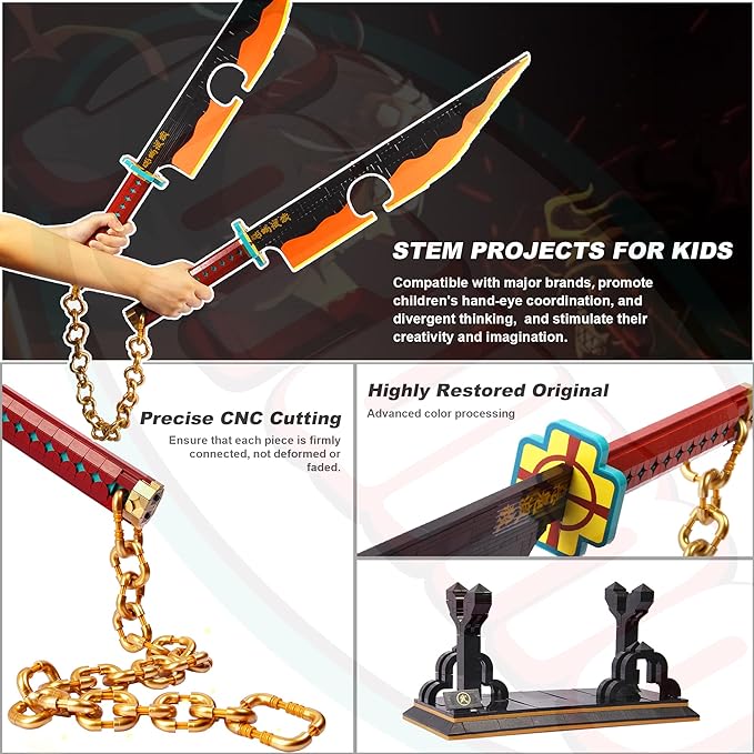 Jorumo Demon Slayer Sword Building Set, 82in Double Blade Tengen Uzui Sword Building Block with Stand, Handmade Cosplay Anime Sword Toy Building Set for Collecting and Gifting 1478Pcs