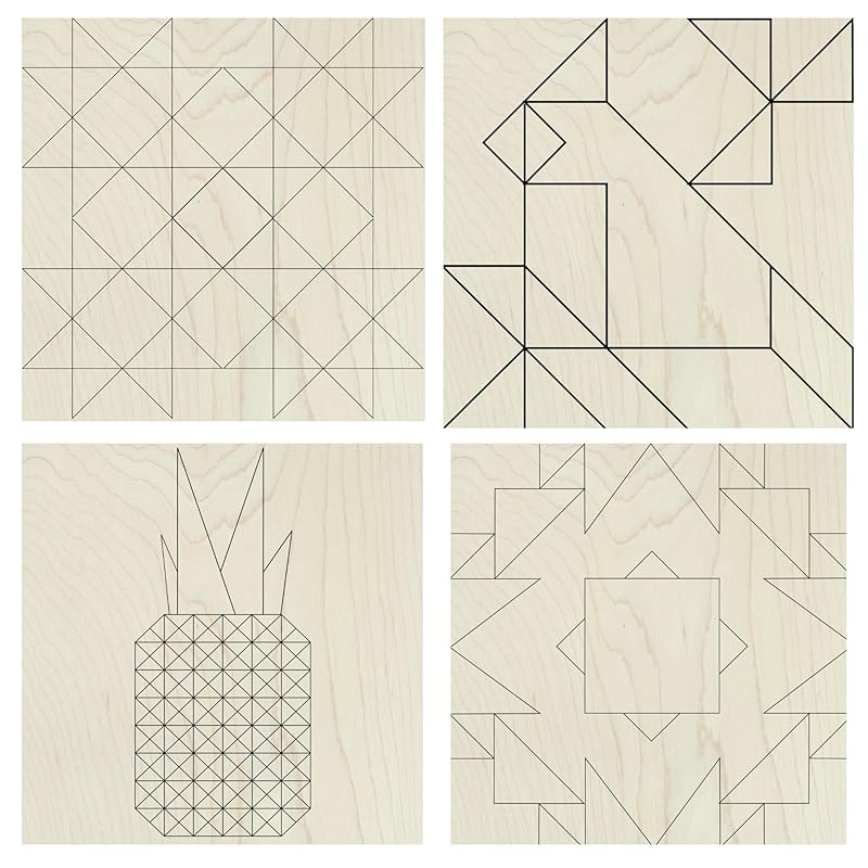 Set of 4 Coasters Small Barn Quilt Kit DIY Pattern Unfinished Wood Quilting Block Sign Paintable Art for Adults and Kids (HST Fun, Cardinal, Pinapple, Boho)
