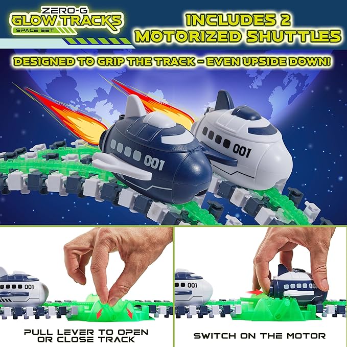 USA Toyz Zero G Space Glow Race Track for Kids- 258pc Glow in The Dark Flexible Race Track Set with Suction Cups, 2 Rocketship Cars, Take Apart STEM Building Toy Car Tracks for Boys and Girls Age 3+