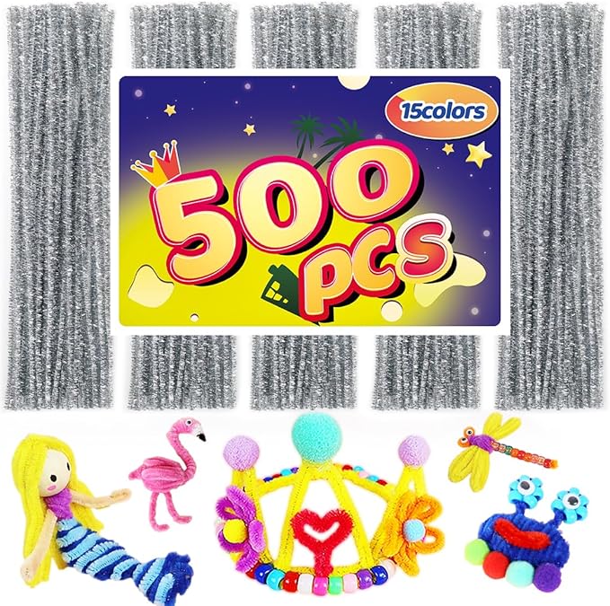 Pipe Cleaners, Pipe Cleaners Craft, Arts and Crafts, Crafts, Craft Supplies, Art Supplies (500 Silver Glitter Pipe Cleaners)…