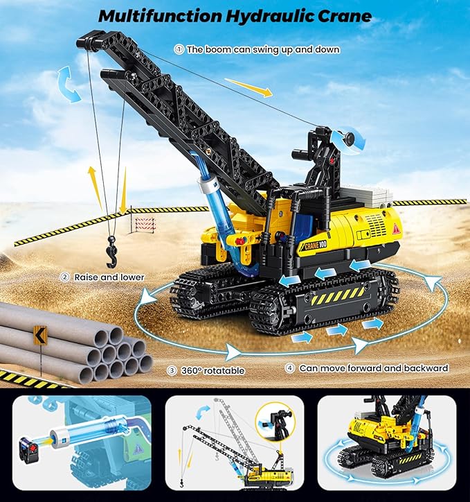 Technic Hydraulic Crane Building Set, 528 PCS Blocks Multifunctional Hydraulic Drive Engineering Car Building Model, Creative Moveable Building STEM Toy for Boys, Kids Teens and Adults