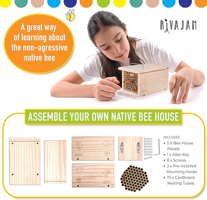Rivajam Build a Bee House DIY Woodworking Project | Solitary Mason Bee House Nesting Box Wood Building Kit & Tools | Garden Arts & Crafts Activities for Toddler Boys & Girls Kids Teens Adults & Family